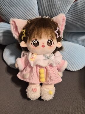 Kawaii Pink Cat-Ear Plush Doll With Skeleton